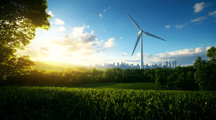 Wind Turbine in Green Field with City Skyline at Sunset