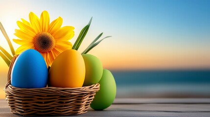 Colorful eggs in a woven basket with a yellow flower and green leaves, set against a blurred beach sunset background. Soft, warm lighting