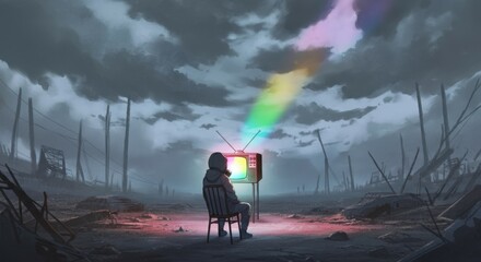 Obraz premium A solitary figure wearing a gas mask sits on a chair in a desolate landscape