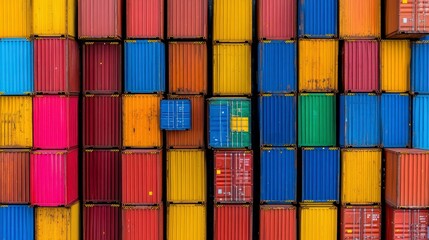 Fototapeta premium High angle view of a densely packed stack of colorful shipping containers, exhibiting a variety of hues including red, blue, yellow, and orange. The