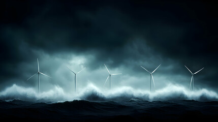 Wind Turbines in a Stormy Ocean at Night