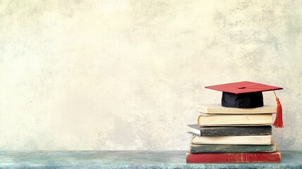 A stack of educational books topped with a graduation cap, set against a neutral background, conveying the theme of academic success