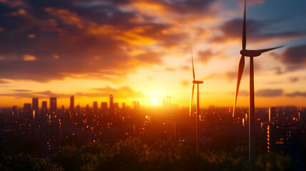 Obraz premium Wind Turbines Silhouette at Sunset Over City Skyline
