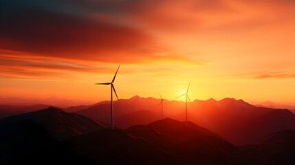 Wind Turbines Silhouette at Sunset Over Mountains