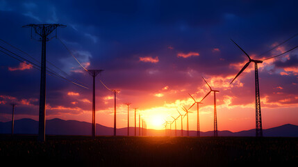 Obraz premium Wind Turbines Silhouetted Against Vibrant Sunset