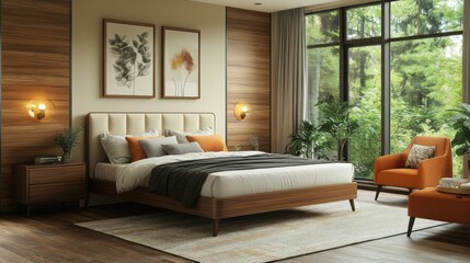 Modern bedroom with king bed, orange accents, forest view