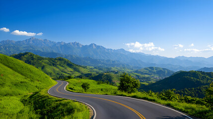 Fototapeta premium Winding Asphalt Road Through Lush Green Mountains Under a Blue Sky