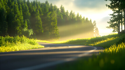 Obraz premium Winding Asphalt Road Through Lush Green Forest at Sunset