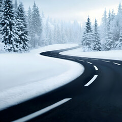Obraz premium Winding Asphalt Road Through Snowy Forest