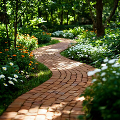 Obraz premium Winding Brick Path Through a Sunlit Garden