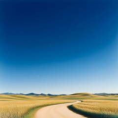 Fototapeta premium Winding Country Road Through Golden Wheat Fields Under a Clear Blue Sky