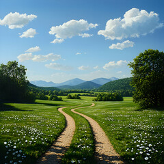 Obraz premium Winding Country Road Through Green Field and White Flowers
