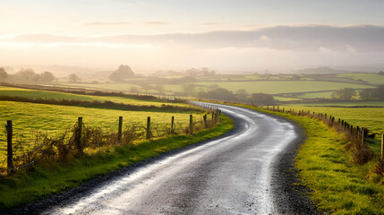 Naklejka premium Winding Country Road Through Green Fields at Sunrise