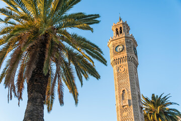 Clocktower of Konak with palmtrees in Izmir, Turkey