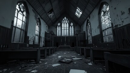 Decaying church interior, monochrome palette, debris scattered on floor, damaged ceiling, large stained glass window, high contrast lighting, dark