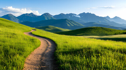 Obraz premium Winding Dirt Path Through Lush Green Meadow and Majestic Mountains