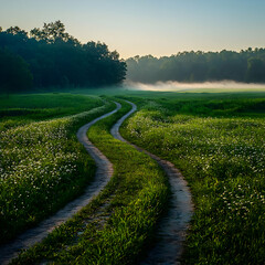 Naklejka premium Winding Dirt Road Through Foggy Green Field at Sunrise