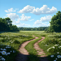 Obraz premium Winding Dirt Road Through a Sunny Field of Daisies