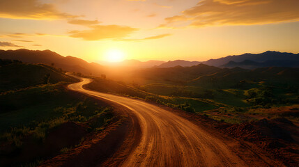 Fototapeta premium Winding Dirt Road Through Desert Mountains at Sunset