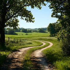 Fototapeta premium Winding Dirt Road Through Lush Green Countryside
