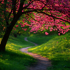 Fototapeta premium Winding Path Through Blossoming Pink Trees in a Lush Green Park