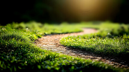 Winding Path Through Lush Green Grass in Sunlight