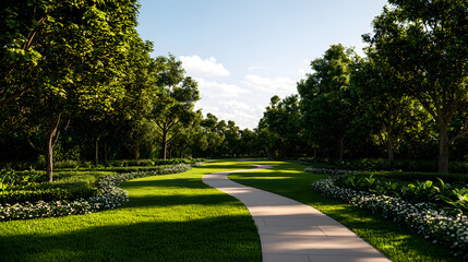 Fototapeta premium Winding Path Through Lush Green Park Under Summer Sunlight