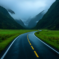 Naklejka premium Winding Road Through a Misty Green Valley