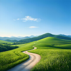 Obraz premium Winding Road Through Lush Green Hills Under a Sunny Sky