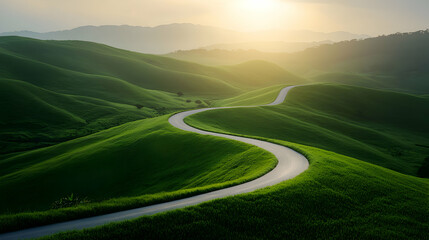 Winding Road Through Lush Green Hills at Sunset