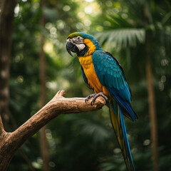 Obraz premium A vibrant blue-and-yellow macaw perches gracefully on a tree branch in a lush tropical rainforest. The stunning colors and rich greenery highlight the beauty of exotic wildlife.