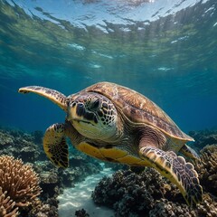 Obraz premium A majestic sea turtle gliding over a vibrant coral reef.