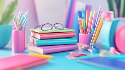 Fototapeta premium An organized desk featuring a stack of textbooks, colorful pens, and erasers, ready for a productive school day