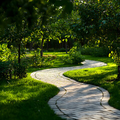 Fototapeta premium Winding Stone Path Through Lush Green Garden