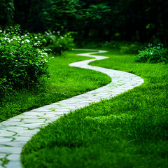 Fototapeta premium Winding Stone Path Through Lush Green Garden