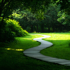 Fototapeta premium Winding Wooden Path Through Lush Green Summer Forest