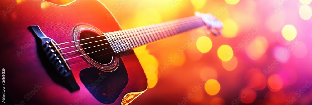 Aufkleber Acoustic guitar on display with vibrant bokeh lights shining in the background during a lively music event. Generative AI