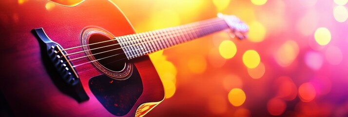 Obraz premium Acoustic guitar on display with vibrant bokeh lights shining in the background during a lively music event. Generative AI