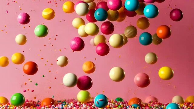 Rainbow Candy Explosion: A vibrant explosion of colorful gumballs and sprinkles creates a playful and joyful image, perfect for projects needing a burst of fun and energy.