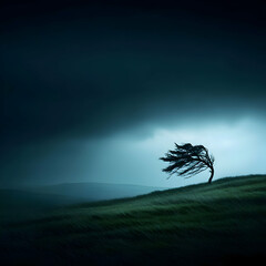 Obraz premium Windswept Tree on a Dark Hillside
