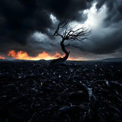 Fototapeta premium Windswept Tree in Fiery Landscape Under Dark Stormy Sky