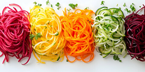 Colorful Spiralized Vegetable Noodles Including Beetroot, Carrot, Zucchini, Yellow Squash, and Fresh Herbs on a White Background