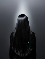 Silhouette of a woman with long black hair studio portrait photography minimalist rear view elegance
