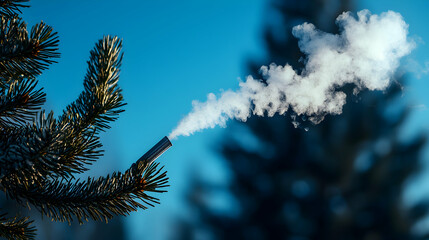 Naklejka premium Winter Smoke Rising From a Pine Branch