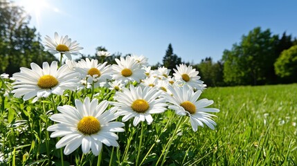 Vibrant daisies blooming in a sunlit field nature photography spring landscape serene environment eye-level perspective