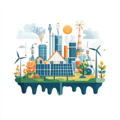 Obraz premium City skyline featuring solar panels and wind turbines with alternative energy icon in flat design style
