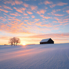 Winter Sunrise Over Snow Covered Field with Barn and Trees