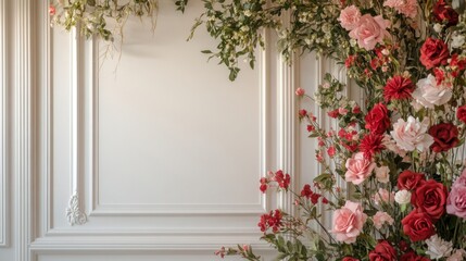 Naklejka premium romantic floral arrangement against white paneled wall