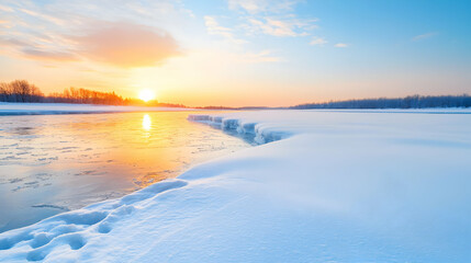 Winter Sunset Over Frozen River