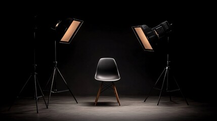Empty chair in dark studio with lights.
